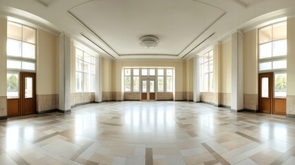 Obraz premium Spacious hall featuring tall windows, columns, and doors.