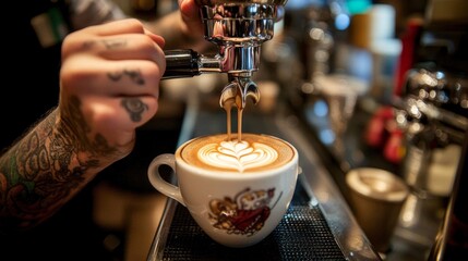 A close-up of a barista pouring latte art into a coffee cup.
