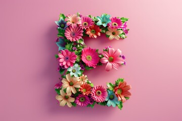 The letter E is made up of many different types of flowers