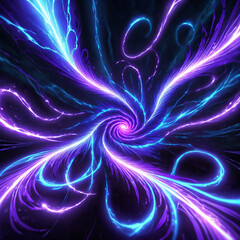 Obraz premium A digital abstract art piece with glowing, swirling blue and purple energy lines emanating from a central core. It features a black background and a spiral effect in the center.
