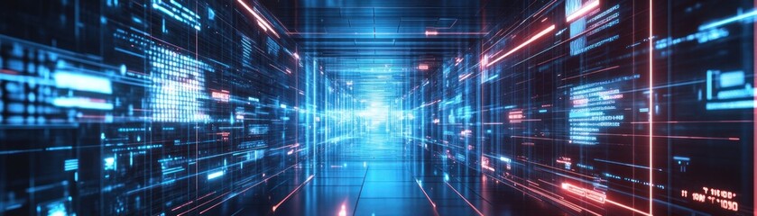 A futuristic digital tunnel with glowing data streams and abstract technology elements.