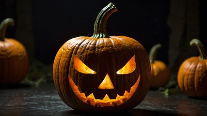 Halloween pumpkins with scary faces on black background, 3d render at night