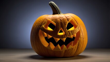 Halloween pumpkins with scary faces on black background, 3d render at night