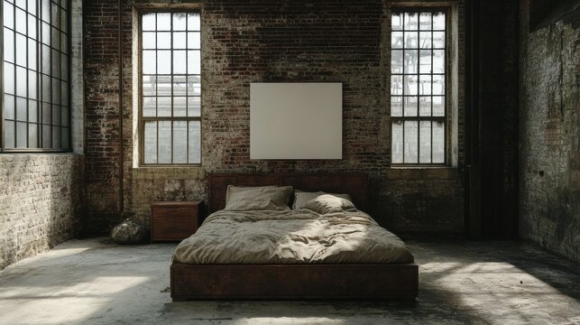 Industrial bedroom with a blank canvas on the nightstand