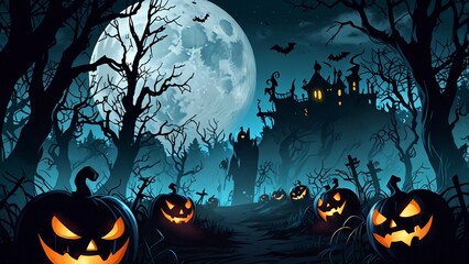 Halloween background with pumpkins and full moon at night