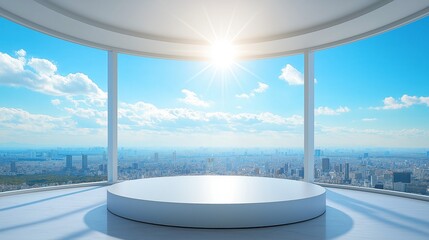 Fototapeta premium White platform overlooking a panoramic city view with a bright, clear sky.