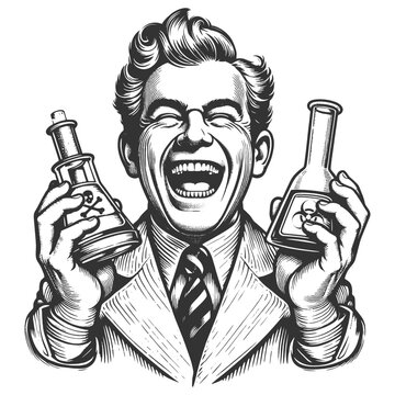 crazed mad scientist laughing maniacally while holding bottles with poison symbols, mad science vibe sketch engraving generative ai vector illustration. Scratch board imitation. Black and white image.