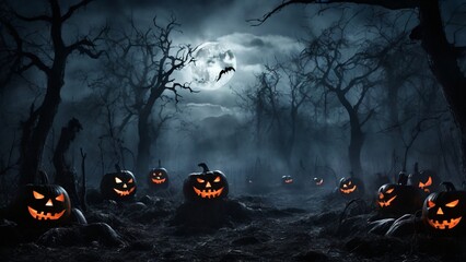 Halloween background with pumpkins and full moon at night