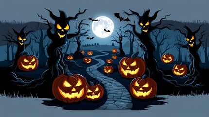 Halloween background with pumpkins and full moon at night