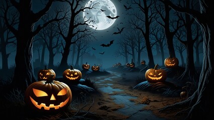 Halloween background with pumpkins and full moon at night