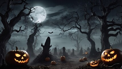 Halloween background with pumpkins and full moon at night