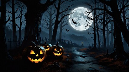 Halloween background with pumpkins and full moon at night