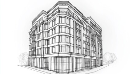 Line drawing of a modern apartment building with large windows.