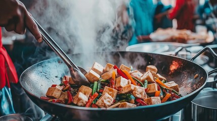 Fototapeta premium Steaming tofu and vegetables cooking in a wok.