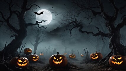 Halloween background with pumpkins and full moon at night