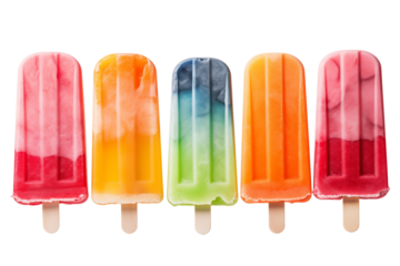 Set of five popsicles in vibrant colors arranged in row with variety of fruit flavors and textures, summer fun day concept, on transparent background, PNG cut out