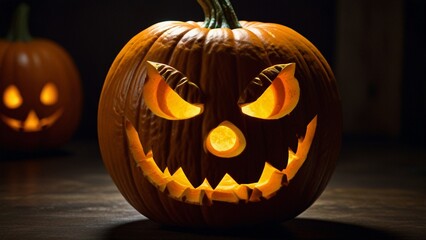 Halloween pumpkins with scary faces on black background, 3d render at night