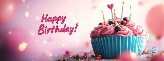 Happy birthday greeting card with cupcake and confetti on bokeh background banner