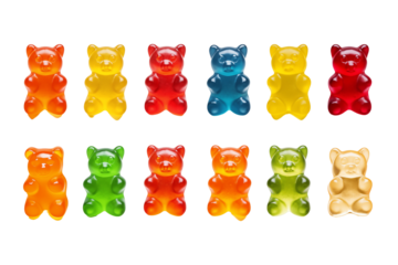 Collection of gummy bears arranged in fun assortment, with variety of vibrant colors including red, yellow, green, and blue, on transparent background, PNG cutout
