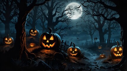 Halloween background with pumpkins and full moon at night