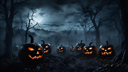Halloween background with pumpkins and full moon at night