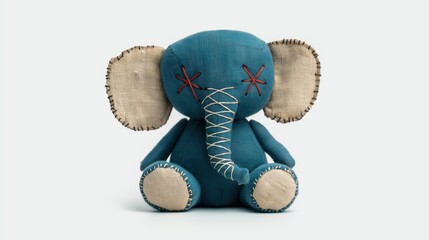 Vintage Plush Elephant: Worn Ears & Stitching, Soft Illustration on White