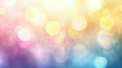 Obraz premium An ethereal, pastel rainbow bokeh background with circular glowing particles softly fading from yellow and pink hues into tranquil blues and purples, resembling light shining through mist.