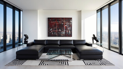 Modern Art Apartment Living Room With City View And Sleek Decor
