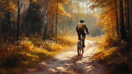 Fototapeta premium A cyclist riding through a scenic forest trail.