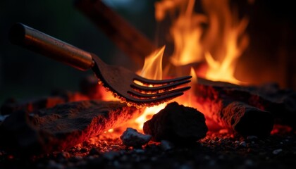 Fototapeta premium Grilling in the glow of a roaring fire