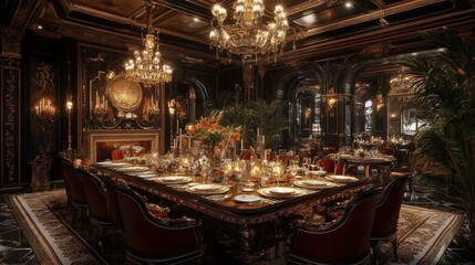 Fototapeta premium Lavish dining room with a grand table and opulent decor.