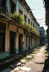 Obraz premium Quiet and deserted streets of old commercial buildings. That was dilapidated under the bright afternoon sun. It's like being shot with a film camera in the 90s.
