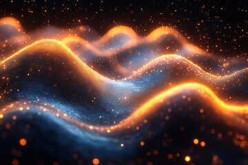 Obraz premium Abstract glowing waves in blue and orange hues.