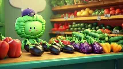 Naklejka premium A vegetable store desk run by a 3D cartoon lettuce with a cap, displaying fresh vegetables like eggplants, bell peppers, and cucumbers. The store has a vibrant and playful feel with colorful details.