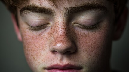 Obraz premium A young man gazes inward, his eyes closed and expression thoughtful. Soft lighting enhances his features, creating an intimate atmosphere filled with nostalgia and depth.