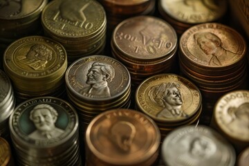 Stacks of various coins featuring portraits of famous historical figures, showcasing the artistry and detail of currency from different eras