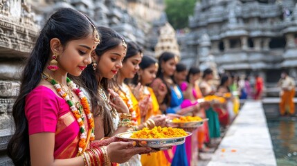 Fototapeta premium Young Women Celebrating Festival with Flowers and Offering