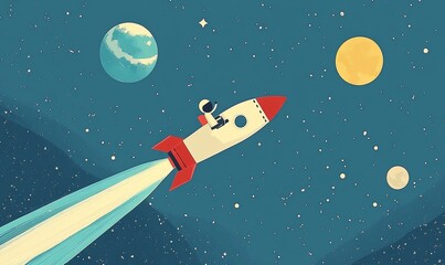 A boy is riding a rocket in space