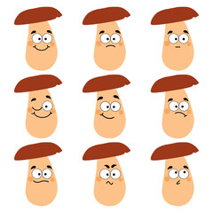 Vector cartoon mushroom with emotions isolated on white background