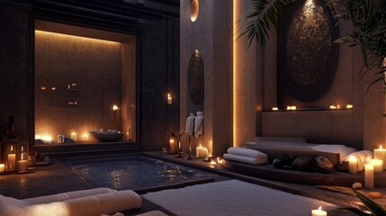 A luxurious spa setting with candles, stones, and towels. 