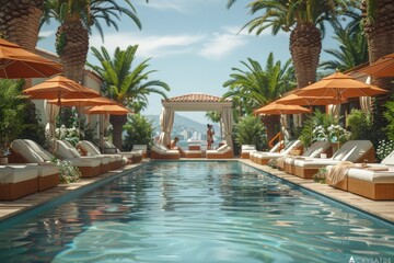 Fototapeta premium A chic pool party with cabanas, sunbeds, and people sipping cocktails