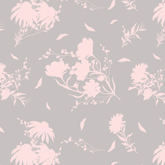 bicolor contour silhouette seamless pattern with flowers and leaves. Abstract floral spring, summer pattern.
