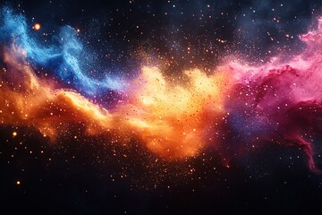 Obraz premium Abstract nebula with orange, pink, and blue clouds with glitter and stars.