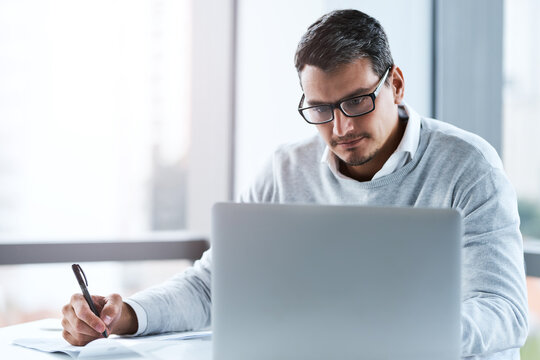 Research, writing and business man with laptop in office for sales representative, online review and report. Creative, product specialist and market trends with employee for proposal, website or idea