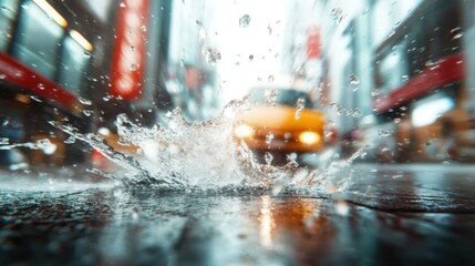 Low angle capture of raindrops splashing on the ground with an approaching yellow taxi in the...