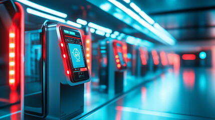 A row of futuristic digital passport scan stations with bright blue and red lights, creating a modern and technologically advanced atmosphere.