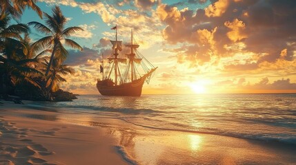 Obraz premium Serene Beach Scene at Dawn with Pirate Ship Silhouette