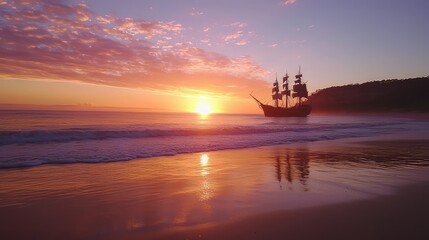 Obraz premium Serene Beach Scene at Dawn with Pirate Ship Silhouette