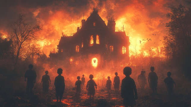 Children celebrating Halloween in front of hastle
