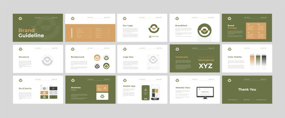 Green and Brown Brand Guidelines template. Brand Strategy Guideline design. Brand Identity presentation design. Logo Guideline template. Logo Guide Book or Brand Manual Layout.